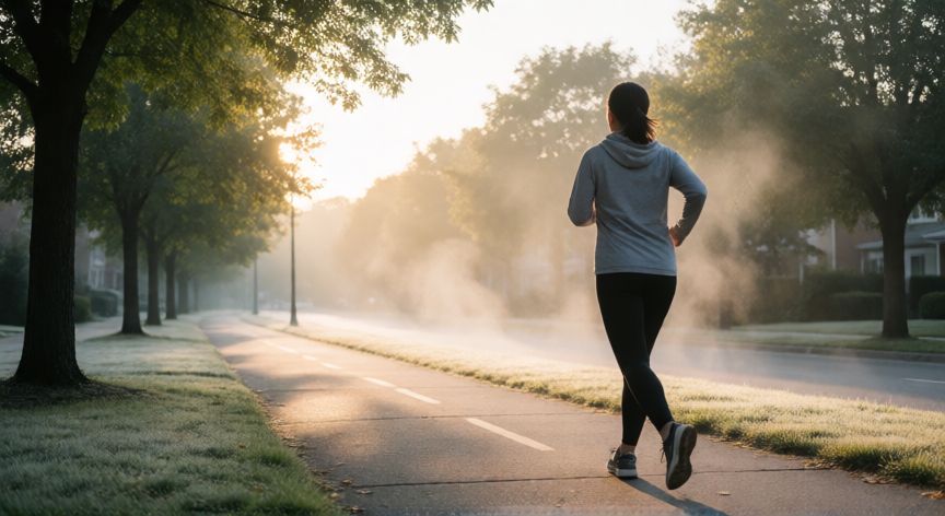 cuándo es mejor andar por la mañana o por la noche, Persona caminando por la mañana al amanecer en un parque tranquilo