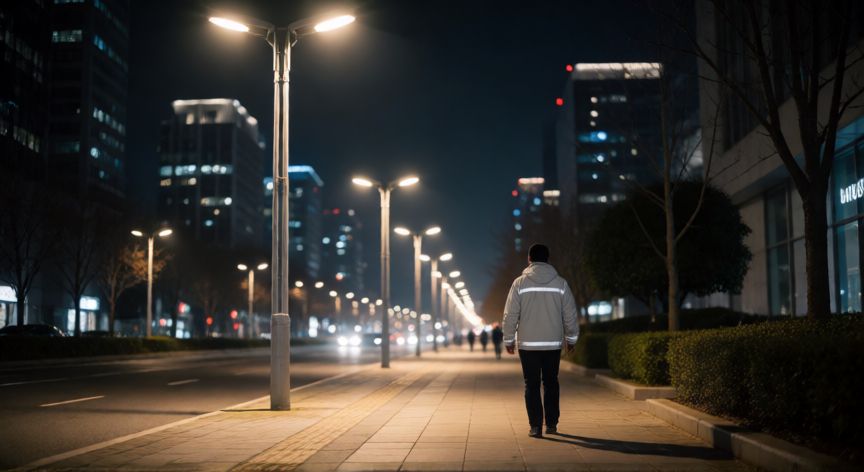 cuándo es mejor andar por la mañana o por la noche, Persona caminando de noche por una acera urbana iluminada con ropa reflectante