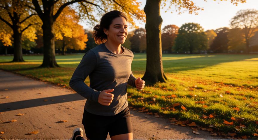 cuando es mejor correr para adelgazar, Persona corriendo en un parque con luz de atardecer dorada