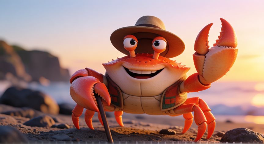 cuando me preguntaste que animal es don cangrejo, Ilustracion de Don Cangrejo como personaje antropomorfico en una playa al atardecer
