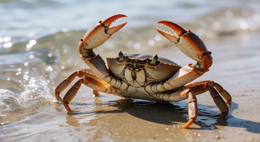 cuando me preguntaste que animal es don cangrejo, Cangrejo real en la orilla del mar mostrando sus pinzas y patas