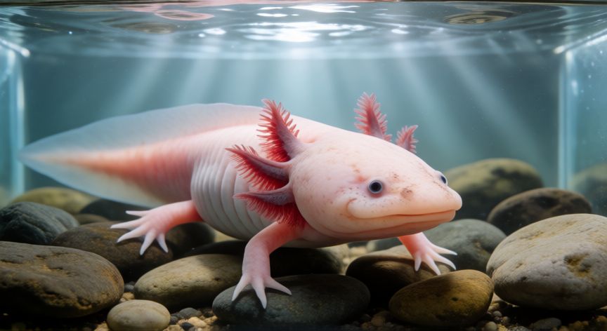 cuidados ajolote mascota, Ajolote rosa en su hábitat acuático limpio y tranquilo
