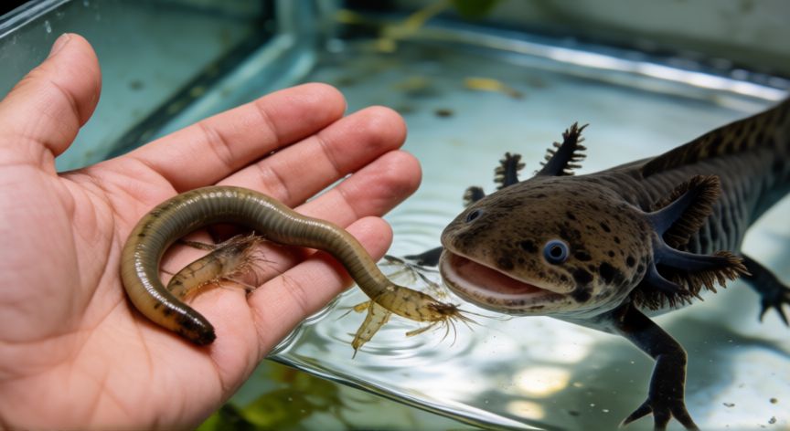 cuidados ajolote mascota, Alimentación del ajolote con gusanos de tierra y camarones
