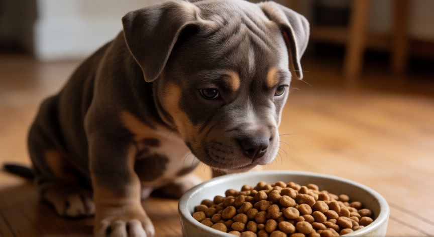 cuidados american bully cachorro, Cachorro American Bully comiendo en su comedero