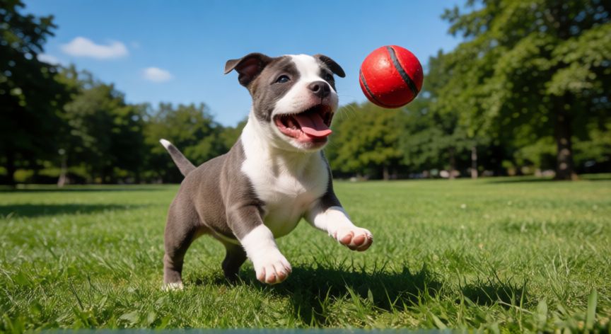 cuidados american bully cachorro, Cachorro American Bully jugando a la pelota en el parque