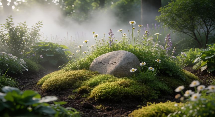 cuidados ao enterrar cachorro, Espacio de recuerdo tras el enterramiento con vegetacion suave y una piedra memorial