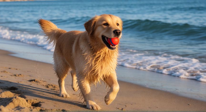cuidados ao levar o cachorro na praia, Perro corriendo felizmente en la playa al amanecer con un juguete