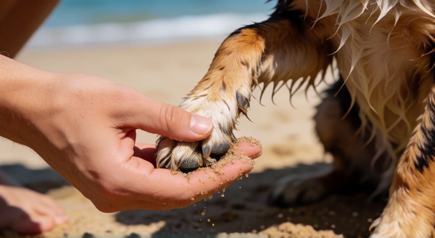 cuidados ao levar o cachorro na praia, Dueño revisando las almohadillas de las patas de su perro en la arena