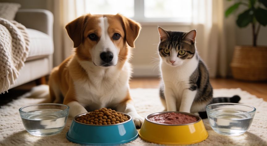 cuidados basicos para tu mascota, Mascotas comiendo de sus cuencos con agua fresca disponible