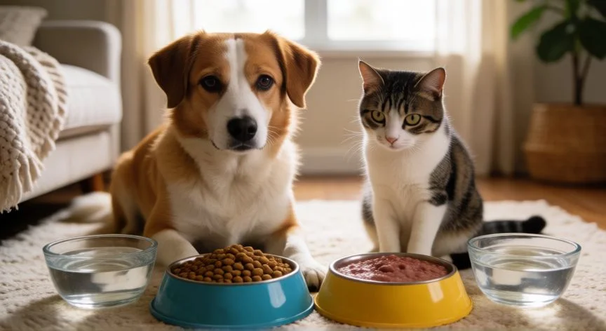 Mascotas comiendo de sus cuencos con agua fresca disponible