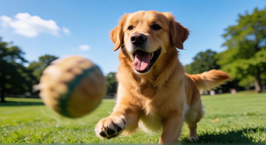 cuidados basicos para tu mascota, Perro corriendo feliz en un parque soleado durante el ejercicio