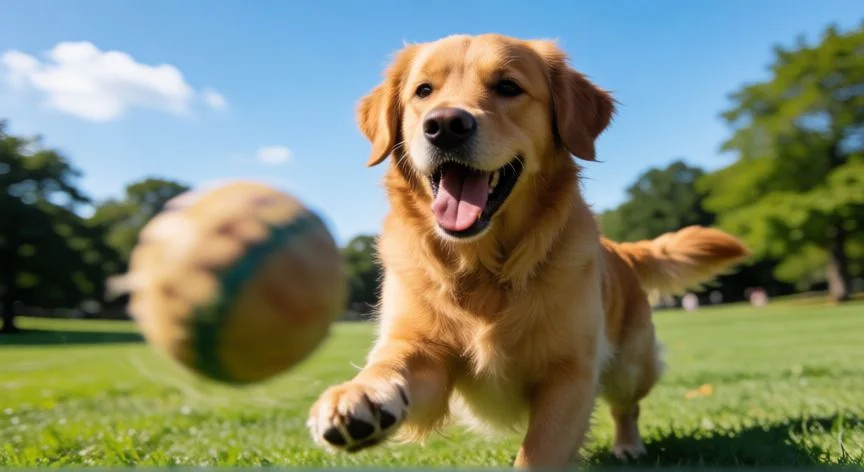 cuidados basicos para tu mascota, Perro corriendo feliz en un parque soleado durante el ejercicio
