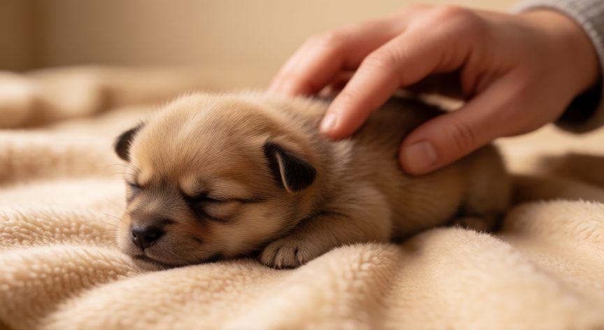 cuidados cachorro 1 mes, Cachorro de un mes durmiendo en una manta tibia