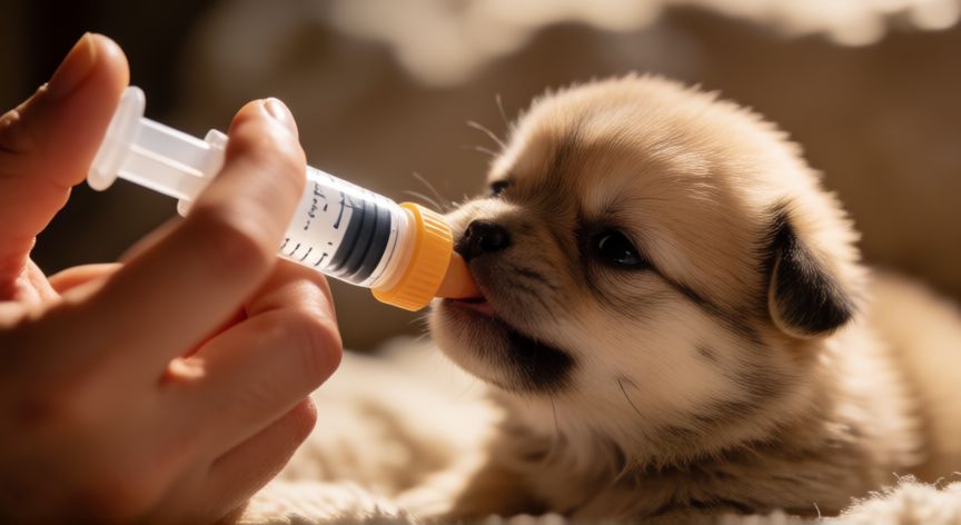 cuidados cachorro 1 mes sin madre, Persona alimentando un cachorro diminuto con biberón especializado