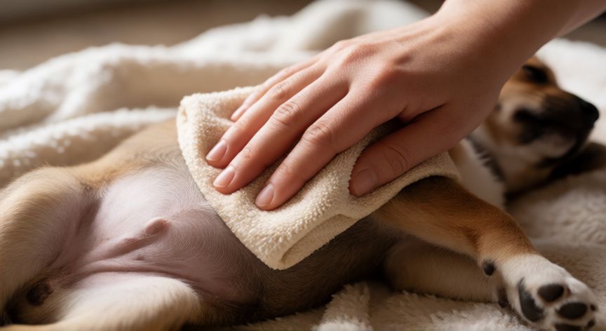cuidados cachorro 1 mes sin madre, Manos realizando masaje abdominal suave a un cachorro con paño húmedo