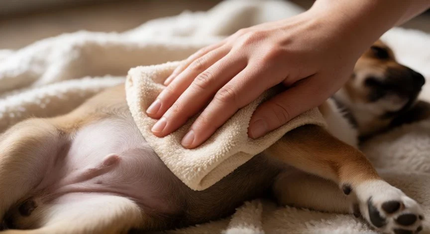 cuidados cachorro 1 mes sin madre, Manos realizando masaje abdominal suave a un cachorro con paño húmedo