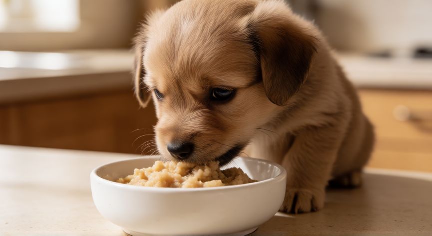 cuidados cachorro 1 mes y medio, Cachorro pequeño comiendo papilla de fórmula en un cuenco blanco