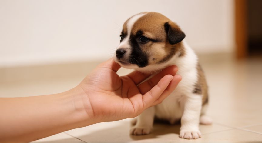 cuidados cachorro 1 mes y medio, Manos sosteniendo suavemente a un cachorro curioso en un interior cálido