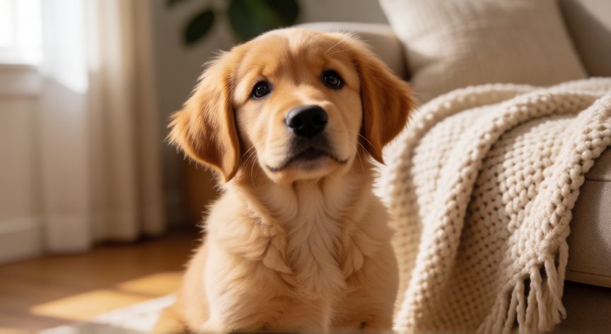 cuidados cachorro, Cachorro de golden retriever en el salón