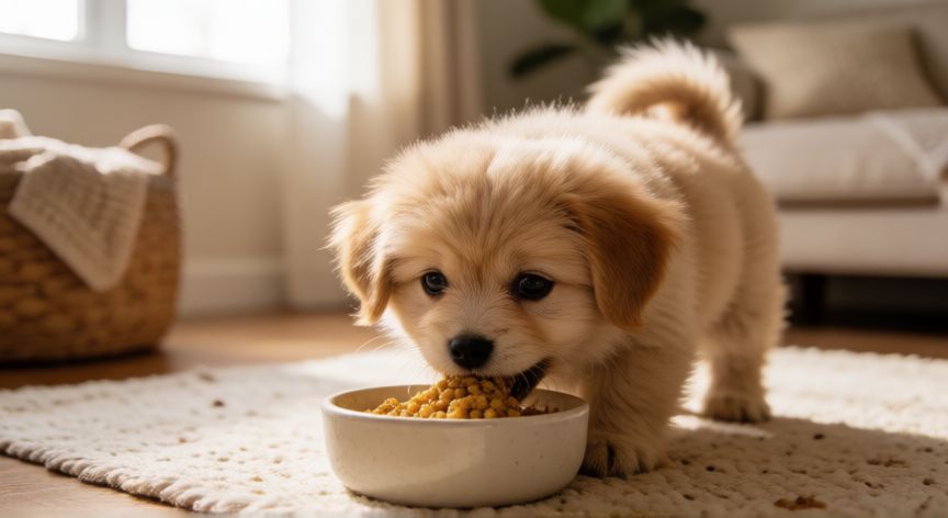 cuidados cachorro 2 meses, Cachorro comiendo en su casa