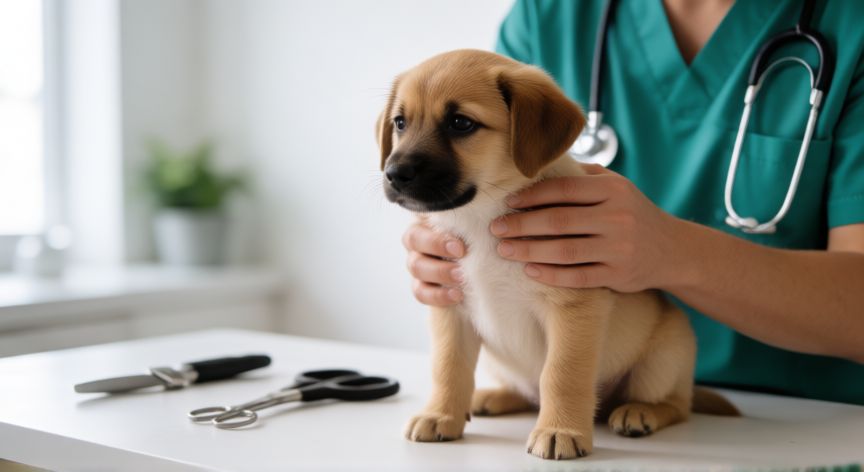 cuidados cachorro 2 meses, Veterinario revisando a un cachorro