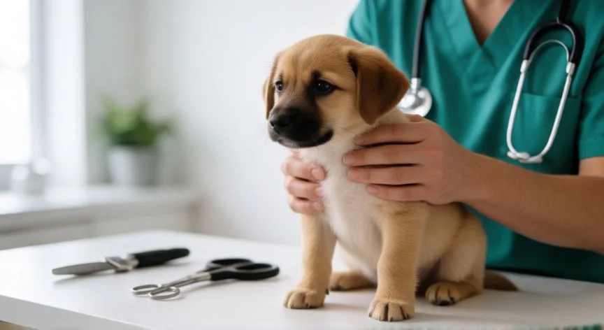 cuidados cachorro 2 meses, Veterinario revisando a un cachorro
