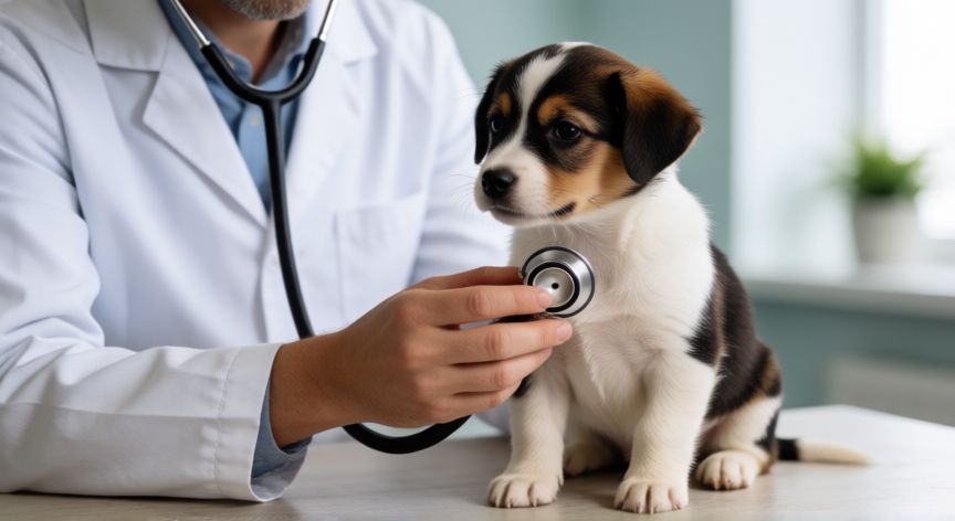 cuidados cachorro, Veterinario examinando la salud de un cachorro