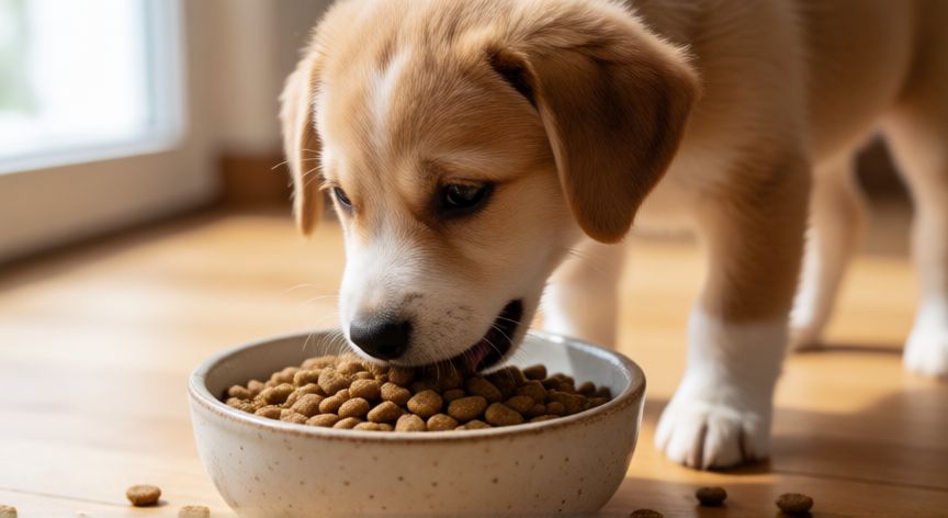 cuidados cachorro 3 meses, Cachorro de tres meses comiendo comida seca en un cuenco cerámico