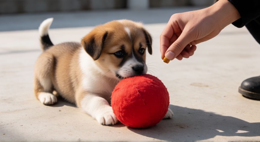 cuidados cachorro 3 meses, Cachorro jugando con una pelota roja en una superficie segura al aire libre