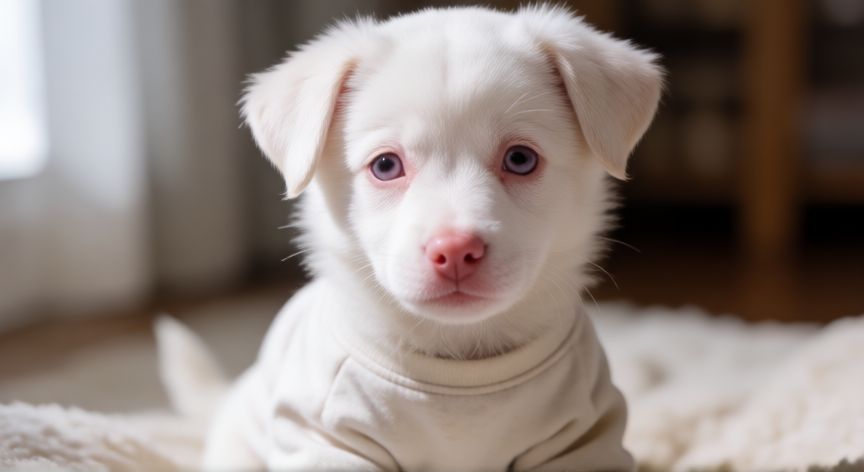 cuidados cachorro albino, Cachorro albino usando camiseta protectora para protegerse del sol