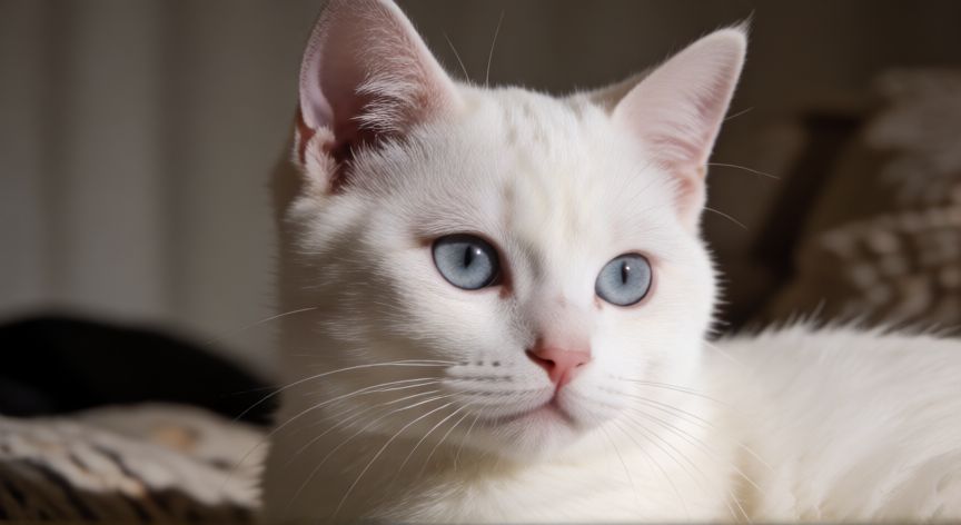 cuidados cachorro albino, Gato albino con ojos claros en un entorno con luz suave