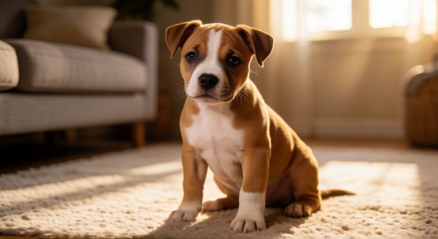 cuidados cachorro american stanford, Cachorro de American Staffordshire Terrier en el salón