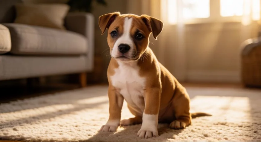 Cachorro de American Staffordshire Terrier en el salón