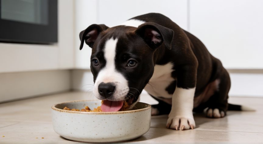 cuidados cachorro american stanford, Cachorro de Amstaff comiendo su comida en la cocina