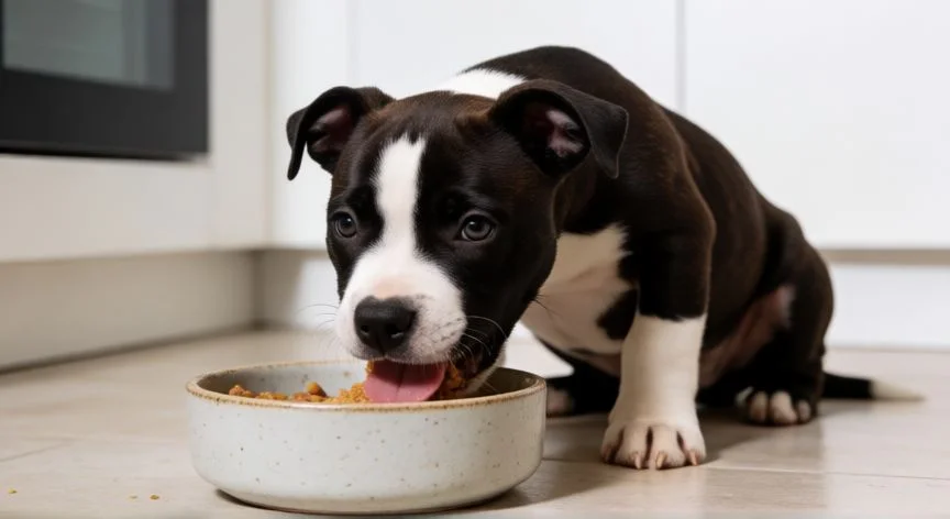 cuidados cachorro american stanford, Cachorro de Amstaff comiendo su comida en la cocina