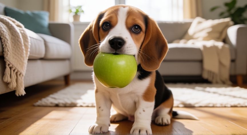 cuidados cachorro beagle, Cachorro de Beagle comiendo una manzana en el salón