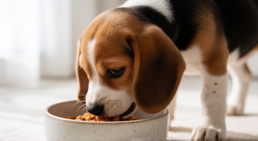 cuidados cachorro beagle 2 meses, Cachorro Beagle comiendo su alimento en un cuenco