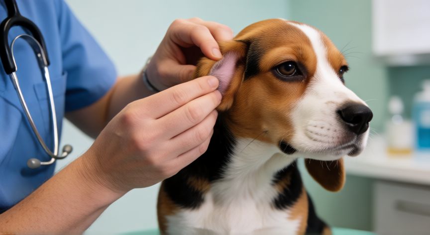 cuidados cachorro beagle 2 meses, Veterinario revisando la oreja de un cachorro Beagle