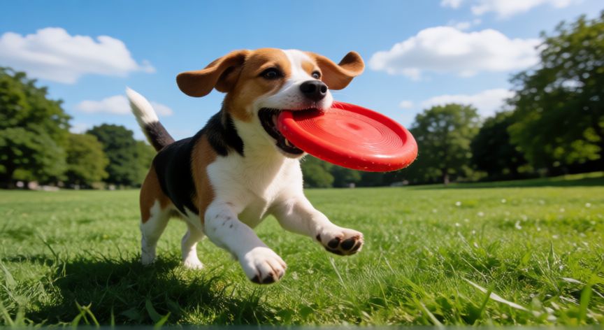 cuidados cachorro beagle, Perro Beagle corriendo con un frisbee en el parque