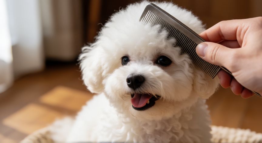 cuidados cachorro bichon maltes, Cachorro Bichón Maltés siendo cepillado con cuidado