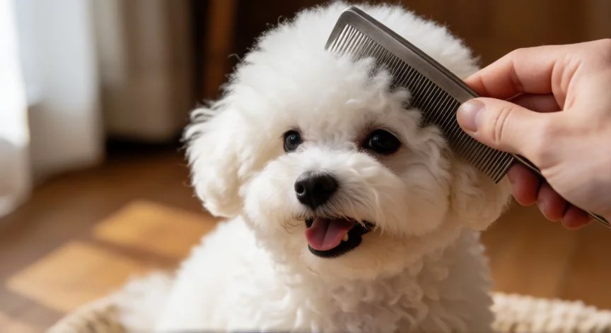 Cachorro Bichón Maltés siendo cepillado con cuidado