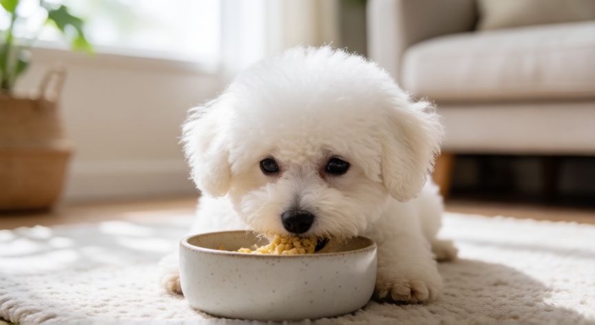 cuidados cachorro bichon maltes, Cachorro Bichón Maltés comiendo de un plato en su hogar