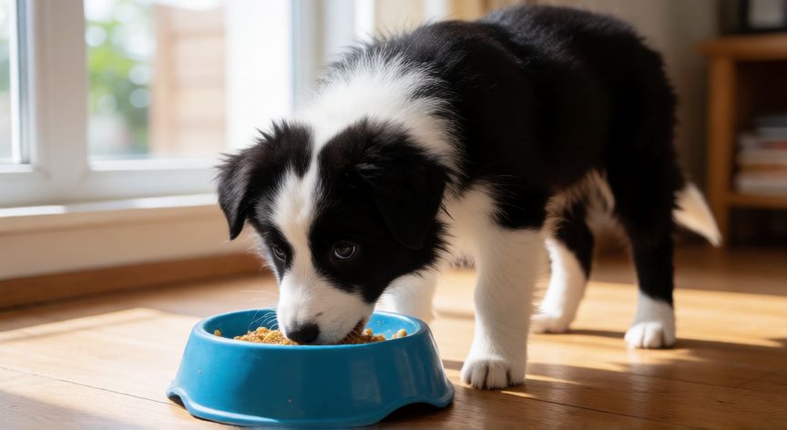 cuidados cachorro border collie, Cachorro de Border Collie comiendo su alimento en casa