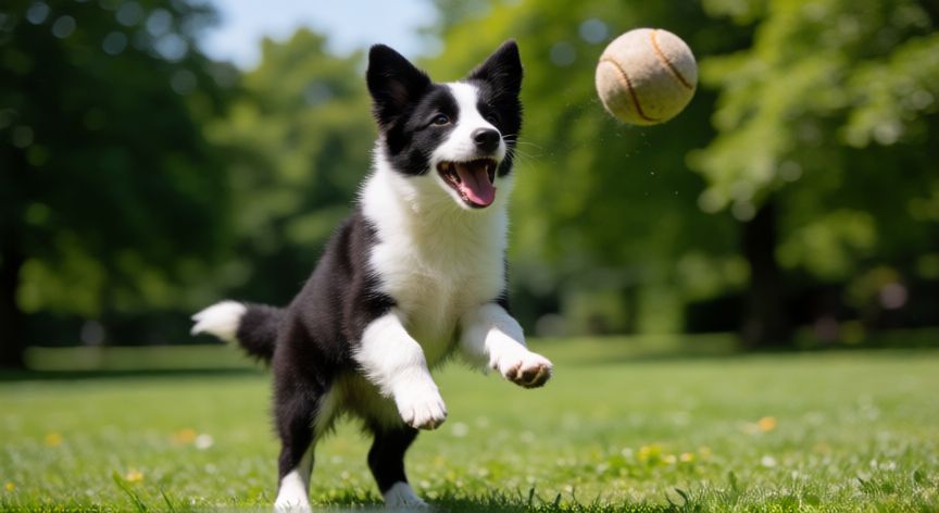 cuidados cachorro border collie, Cachorro de Border Collie jugando a la pelota en el parque