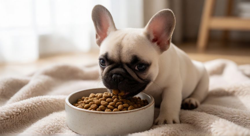 cuidados cachorro bulldog frances, Cachorro Bulldog Francés comiendo su comida de cachorro