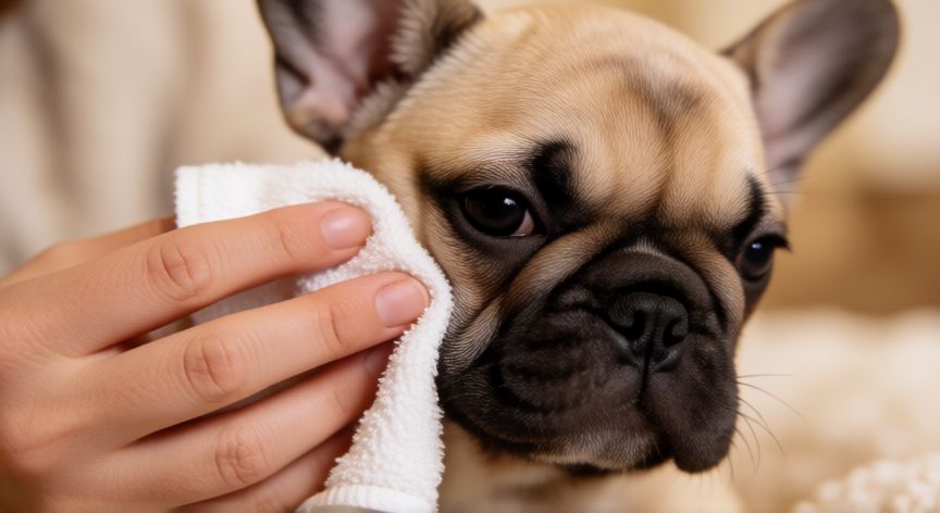 cuidados cachorro bulldog frances, Limpieza de los pliegues faciales de un cachorro Bulldog Francés