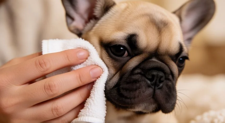 cuidados cachorro bulldog frances, Limpieza de los pliegues faciales de un cachorro Bulldog Francés