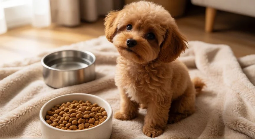 Cachorro de caniche toy comiendo pienso específico en casa