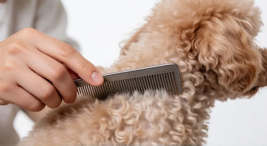 cuidados cachorro caniche toy, Peluquero cepillando el pelaje rizado de un cachorro de caniche toy