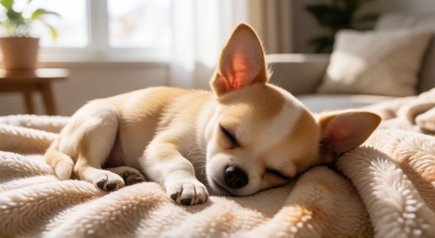 cuidados cachorro chihuahua, Cachorro chihuahua durmiendo en una manta suave y cálida